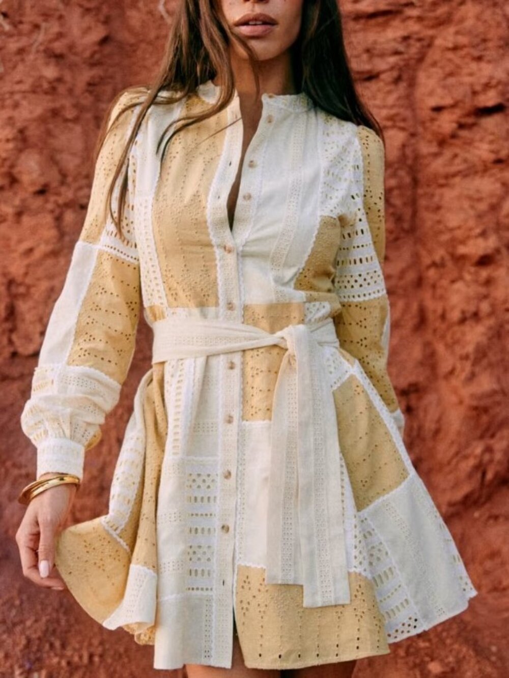 NEW Sezane Lou Dress Sz 2/34 Patchwork Beige Tan Cream Embroidered Cotton